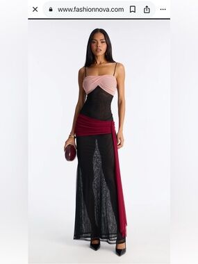 Fashion Nova NWT Black Sheer Maxi Dress with Pink Bust and Burgundy Sash